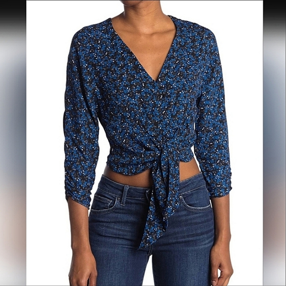 Parker-Long Sleeve Tie Crop Front Blouse, Blue-Size Medium